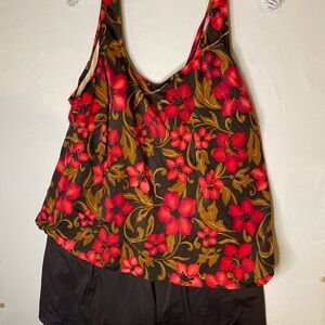 Floral One-Piece Swimsuit - Red and Black